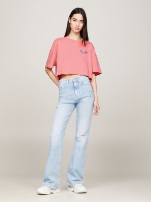 pink archive oversized back logo cropped t-shirt for women tommy jeans