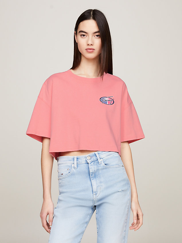 pink archive cropped t-shirt met oversized logo voor dames - tommy jeans