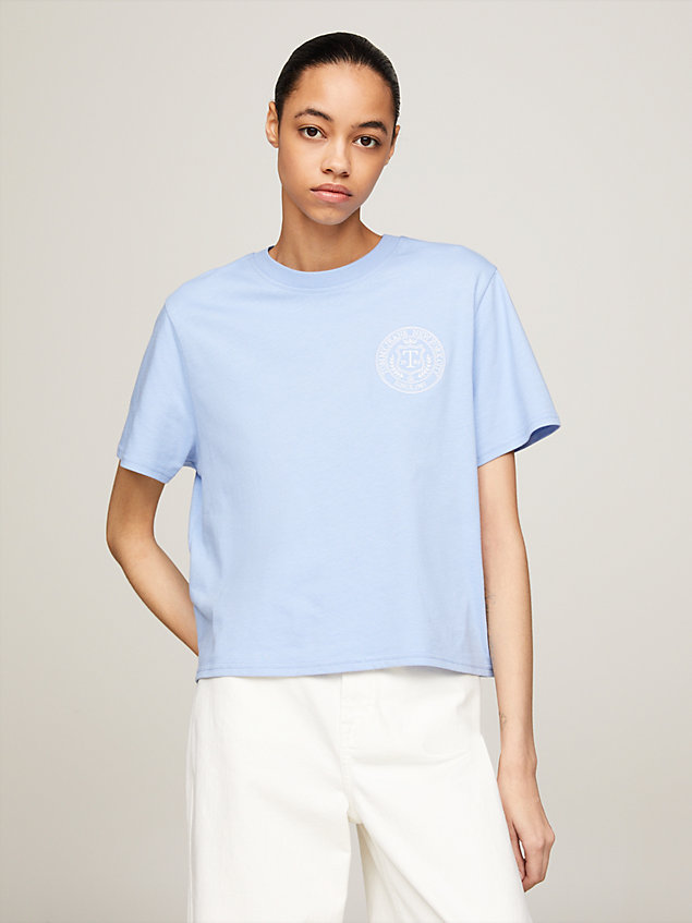 blue luxe prep boxy t-shirt met logo op de rug voor dames - tommy jeans