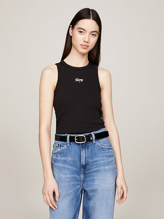 black slim fit tanktop mit script-logo für damen - tommy jeans