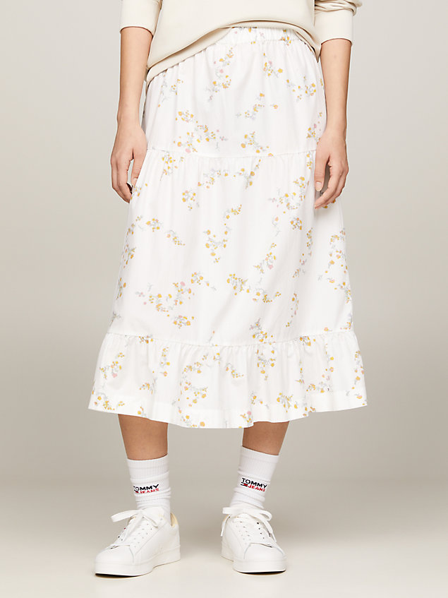 white tiered flared midi skirt for women tommy jeans