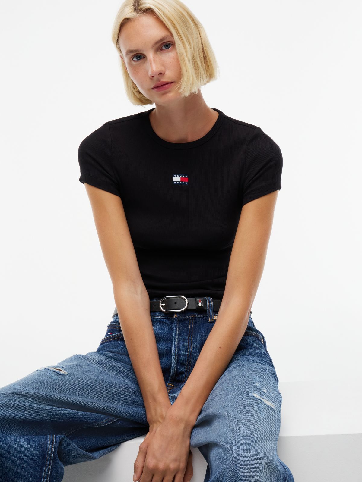 Tommy Badge Slim Ribbed T-Shirt — Black
