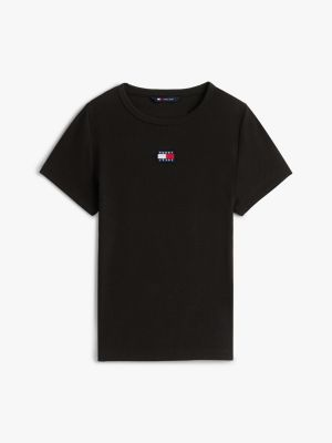 black tommy badge ribbed slim t-shirt for women tommy jeans