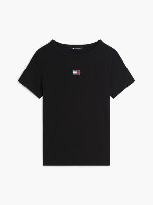 schwarz tommy badge slim fit geripptes t-shirt für damen - tommy jeans