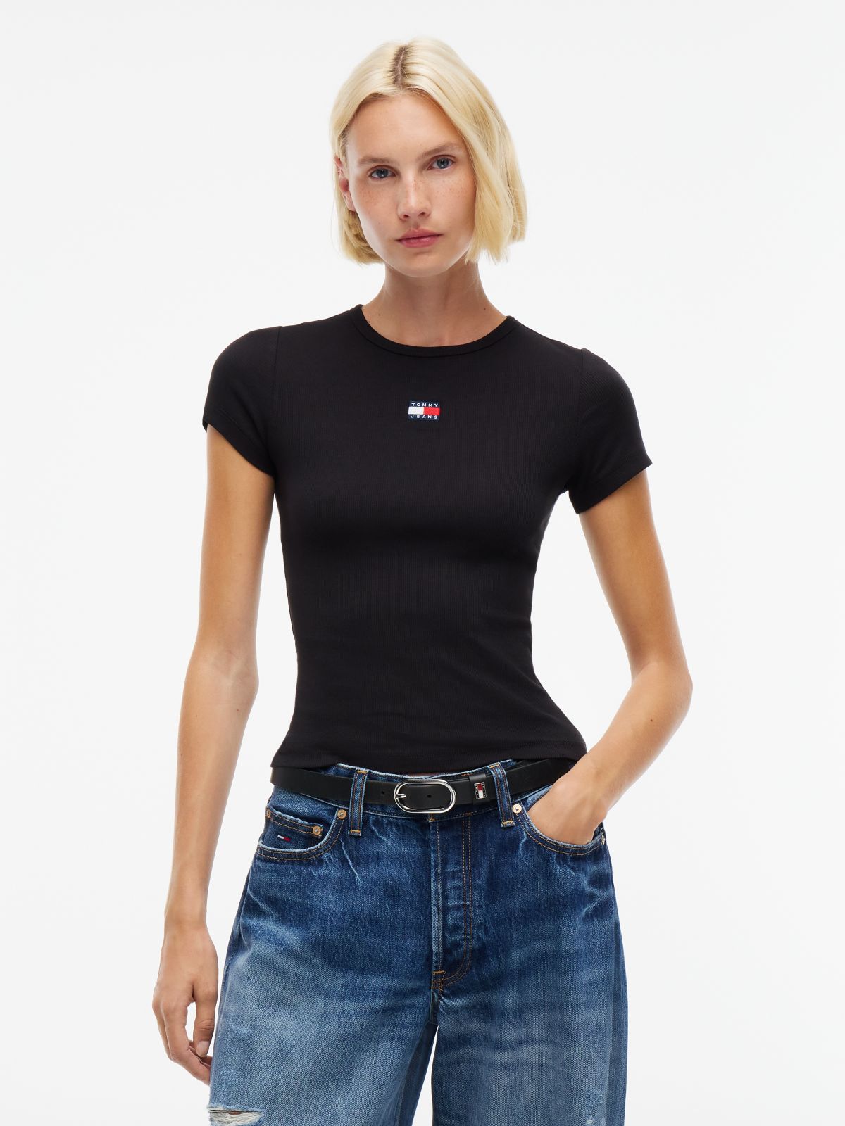 Tommy Badge Slim Ribbed T-Shirt — Black