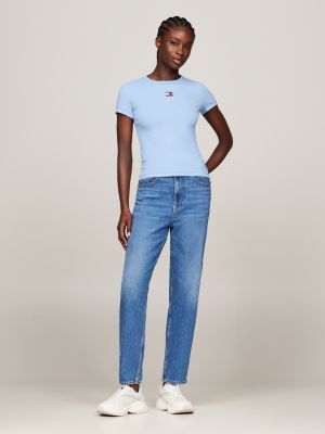 camiseta slim acanalada con parche de tommy azul de mujeres tommy jeans