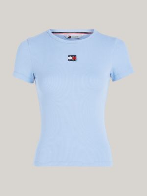 camiseta slim acanalada con parche de tommy azul de mujeres tommy jeans