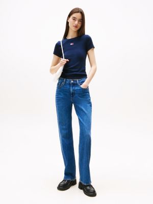 camiseta slim acanalada con parche de tommy azul de mujeres tommy jeans