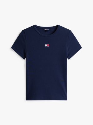 blue tommy badge ribbed slim t-shirt for women tommy jeans
