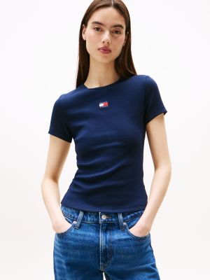 camiseta slim acanalada con parche de tommy blue de mujeres tommy jeans