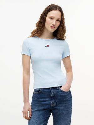blue tommy badge geripptes slim fit t-shirt für damen - tommy jeans
