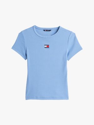 blauw geribd slim fit t-shirt met badge voor dames - tommy jeans