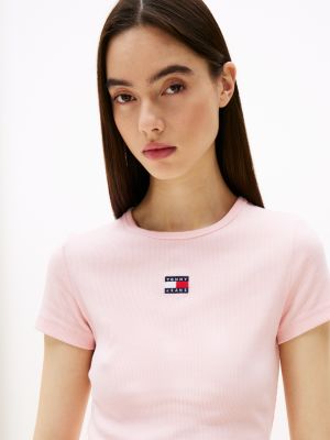 pink badge ribbed slim t-shirt for women tommy jeans