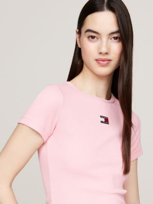 pink tommy badge ribbed slim t-shirt for women tommy jeans