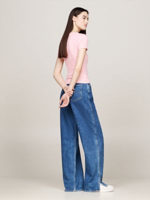 pink tommy badge ribbed slim t-shirt for women tommy jeans