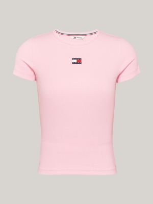 camiseta slim acanalada con parche de tommy rosa de mujeres tommy jeans