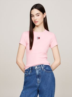 pink tommy badge ribbed slim t-shirt for women tommy jeans