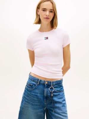 pink tommy badge ribbed slim t-shirt for women tommy jeans
