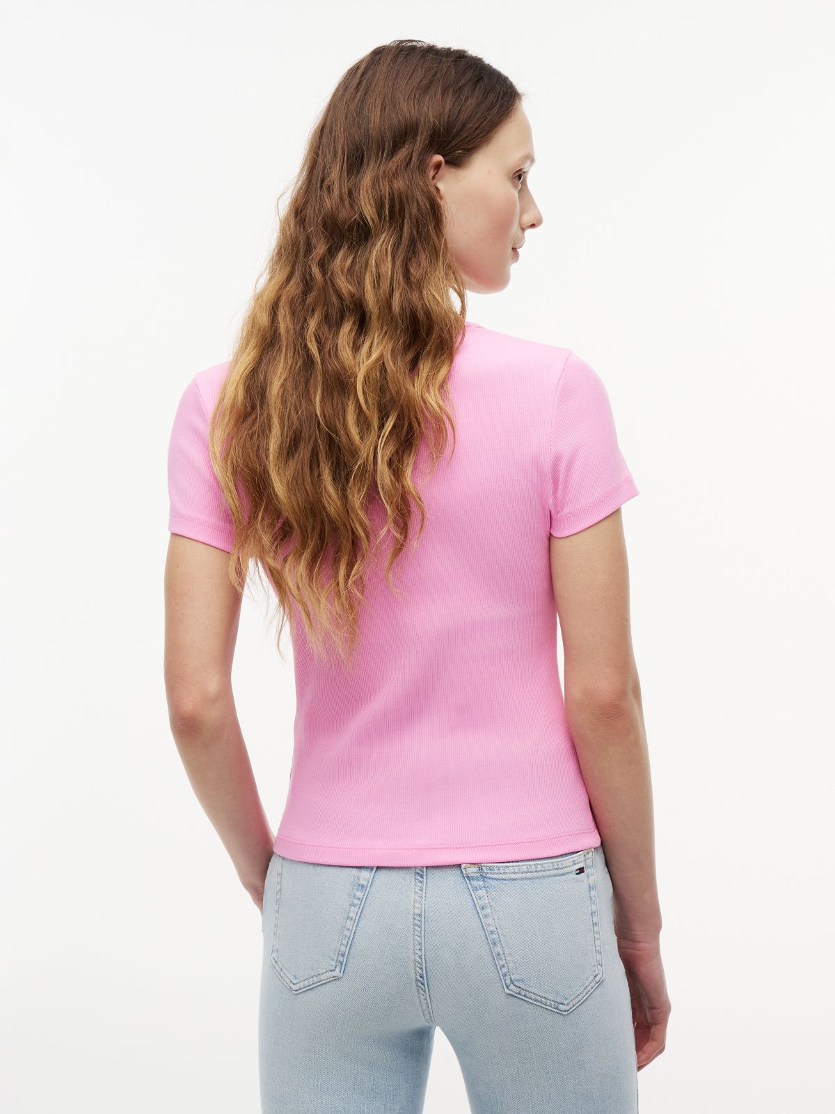 Tommy Badge Slim Ribbed T-Shirt — Pink