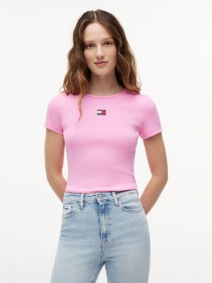 pink tommy badge ribbed slim t-shirt for women tommy jeans