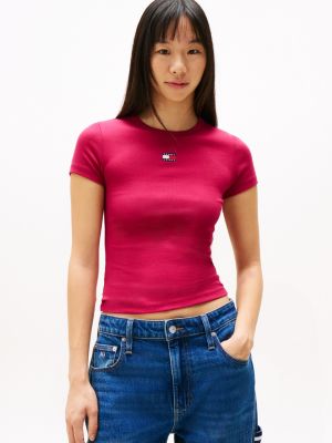 t-shirt slim fit a coste con distintivo pink da donne tommy jeans