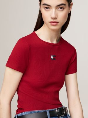 red tommy badge ribbed slim t-shirt for women tommy jeans