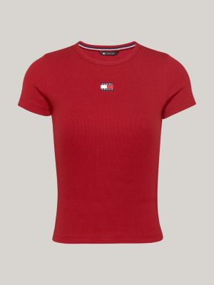 red tommy badge ribbed slim t-shirt for women tommy jeans