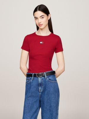 red tommy badge ribbed slim t-shirt for women tommy jeans