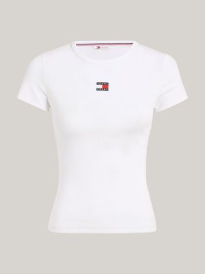 t-shirt slim fit a coste con distintivo tommy grigio da donne tommy jeans