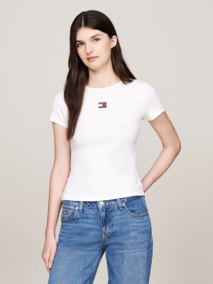 t-shirt slim fit a coste con distintivo tommy grey da donne tommy jeans