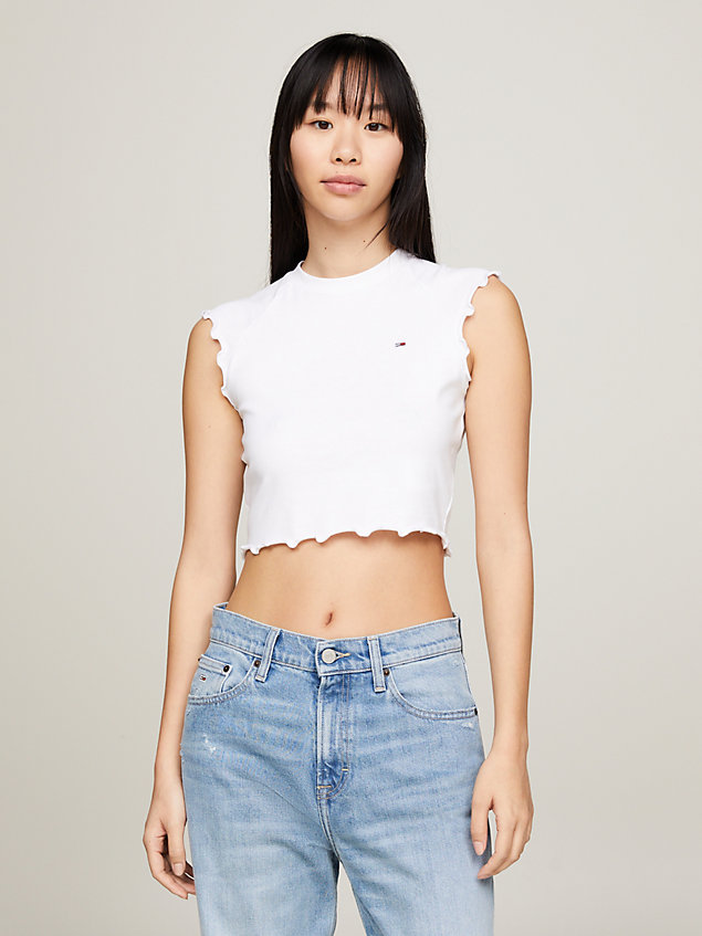 white essential frill rib texture cropped t-shirt for women tommy jeans