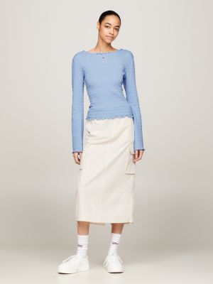 blue essential gesmoktes slim fit t-shirt für damen - tommy jeans