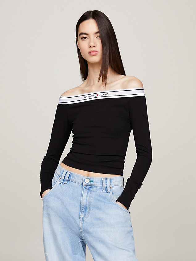 black logo off-the-shoulder slim long sleeve top for women tommy jeans