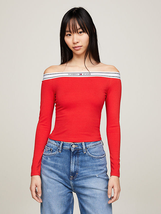 red logo off-the-shoulder slim long sleeve top for women tommy jeans