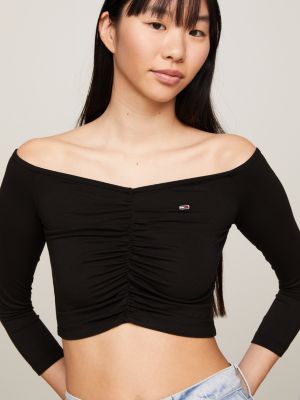 Essential Slim Fit Off the Shoulder Crop Top Black Tommy Hilfiger