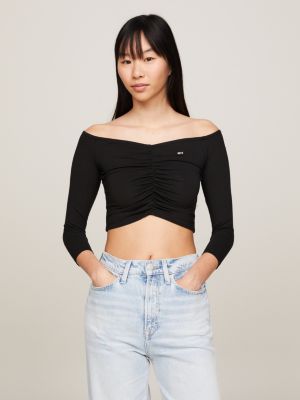 Essential Slim Fit Off the Shoulder Crop Top Black Tommy Hilfiger