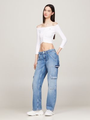 Fitted crop top off shoulder and high waisted jeans sale