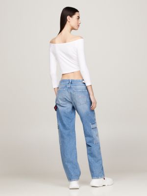 Fitted crop top off shoulder and high waisted jeans sale