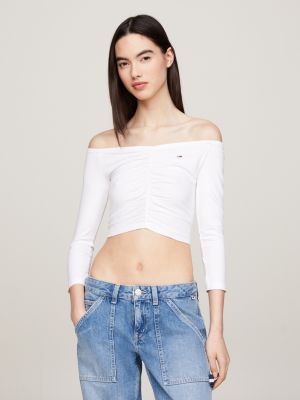 Essential Slim Fit Off-the-Shoulder Crop Top, White