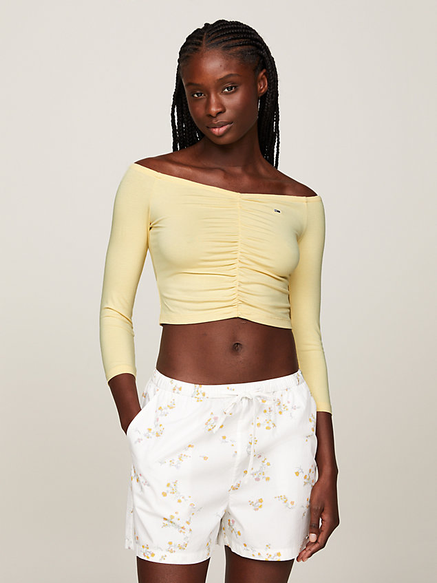 yellow essential slim fit off-the-shoulder crop top for women tommy jeans