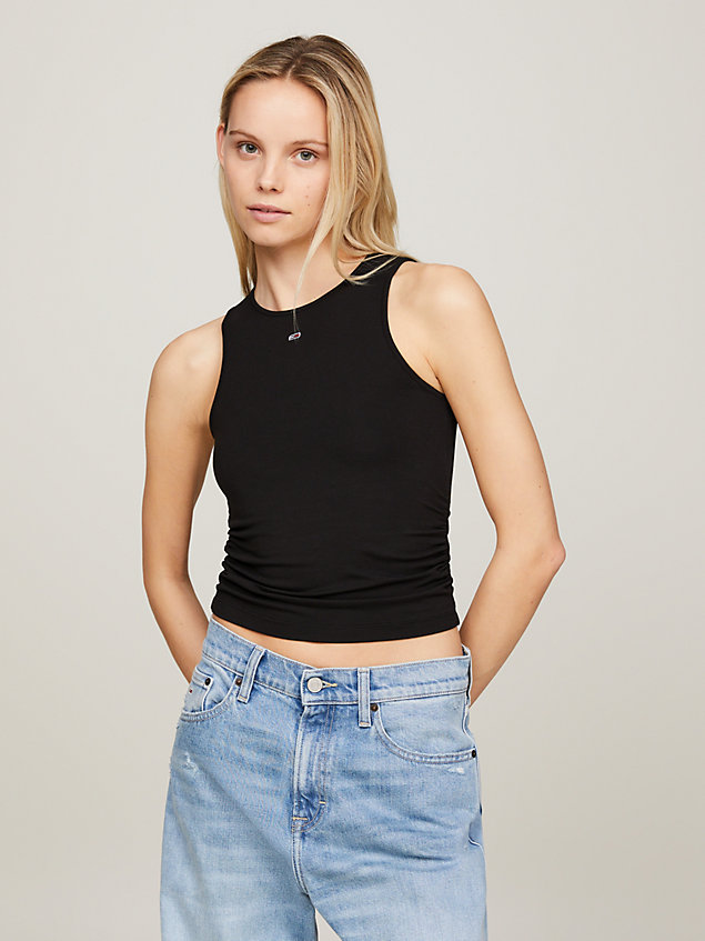 black essential gathered slim fit tank top for women tommy jeans