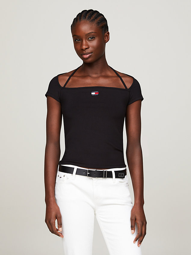 camiseta de corte slim con parche de tommy black de mujeres tommy jeans