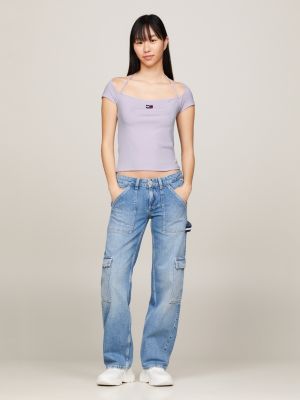 purple tommy badge ribbed halterneck slim t-shirt for women tommy jeans