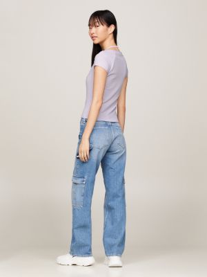 purple tommy badge ribbed halterneck slim t-shirt for women tommy jeans