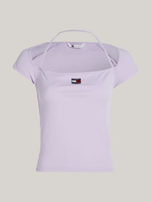 purple tommy badge ribbed halterneck slim t-shirt for women tommy jeans