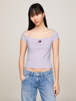 purple geripptes slim fit t-shirt mit neckholder für damen - tommy jeans