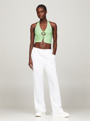 canotta crop a coste con scollo all'americana verde da donne tommy jeans