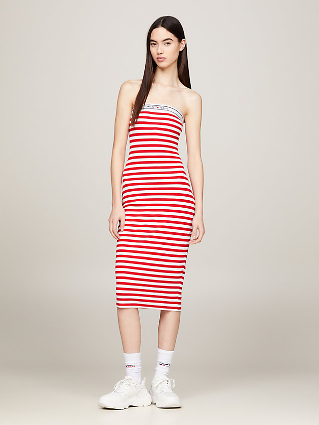 red logo tape stripe knee length tube dress for women tommy jeans