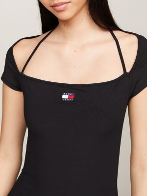 abito midi aderente a coste con distintivo nero da donne tommy jeans