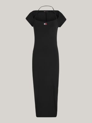 abito midi aderente a coste con distintivo nero da donne tommy jeans